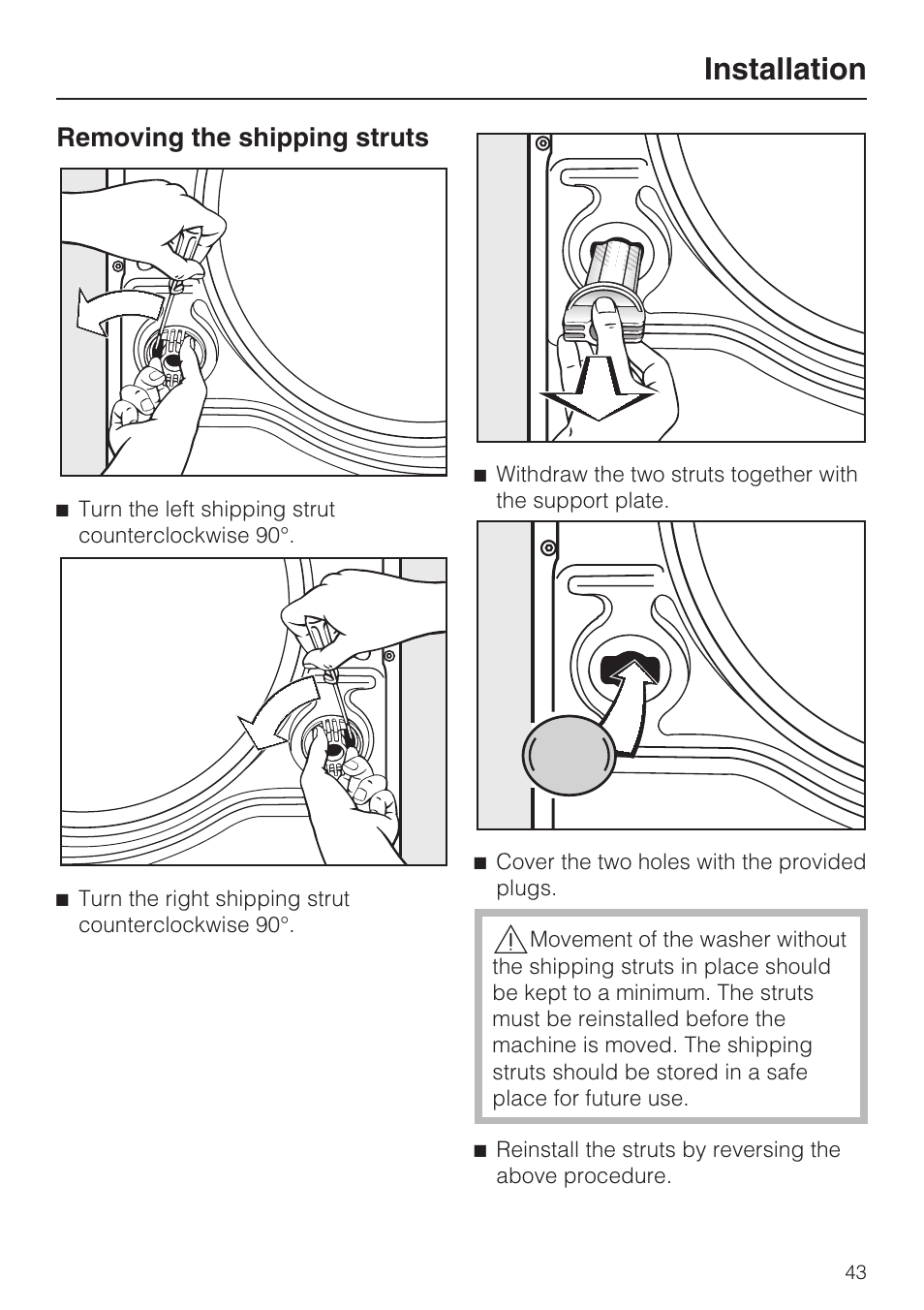 Removing the shipping struts 43, Installation, Removing the shipping struts | Miele W 4840 User Manual | Page 47 / 56