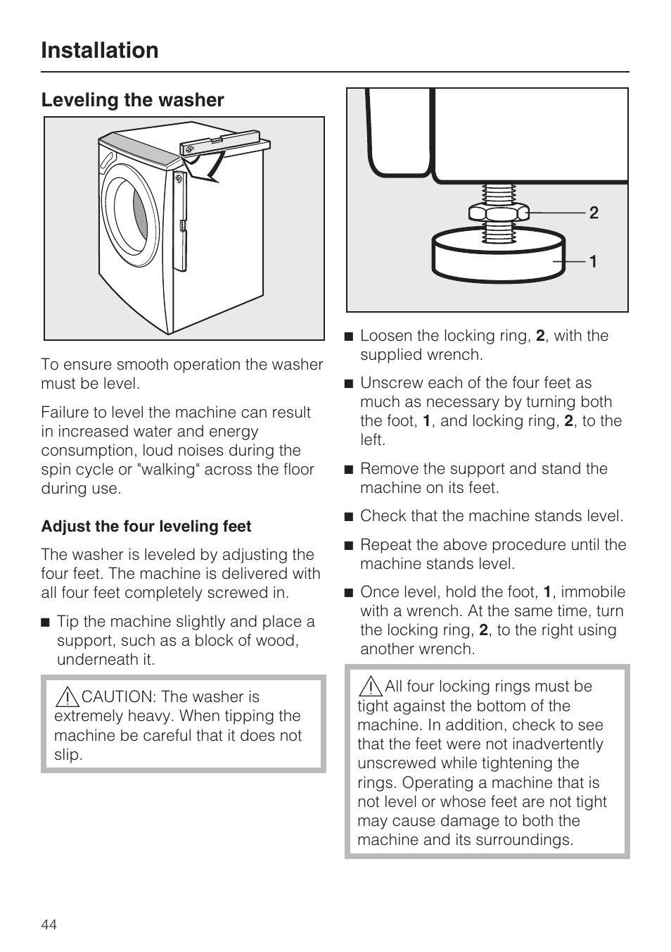 Leveling the washer 44, Installation, Leveling the washer | Miele W 4840 User Manual | Page 48 / 56
