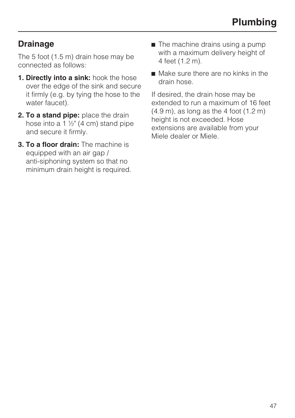 Drainage 47, Plumbing, Drainage | Miele W 4840 User Manual | Page 51 / 56