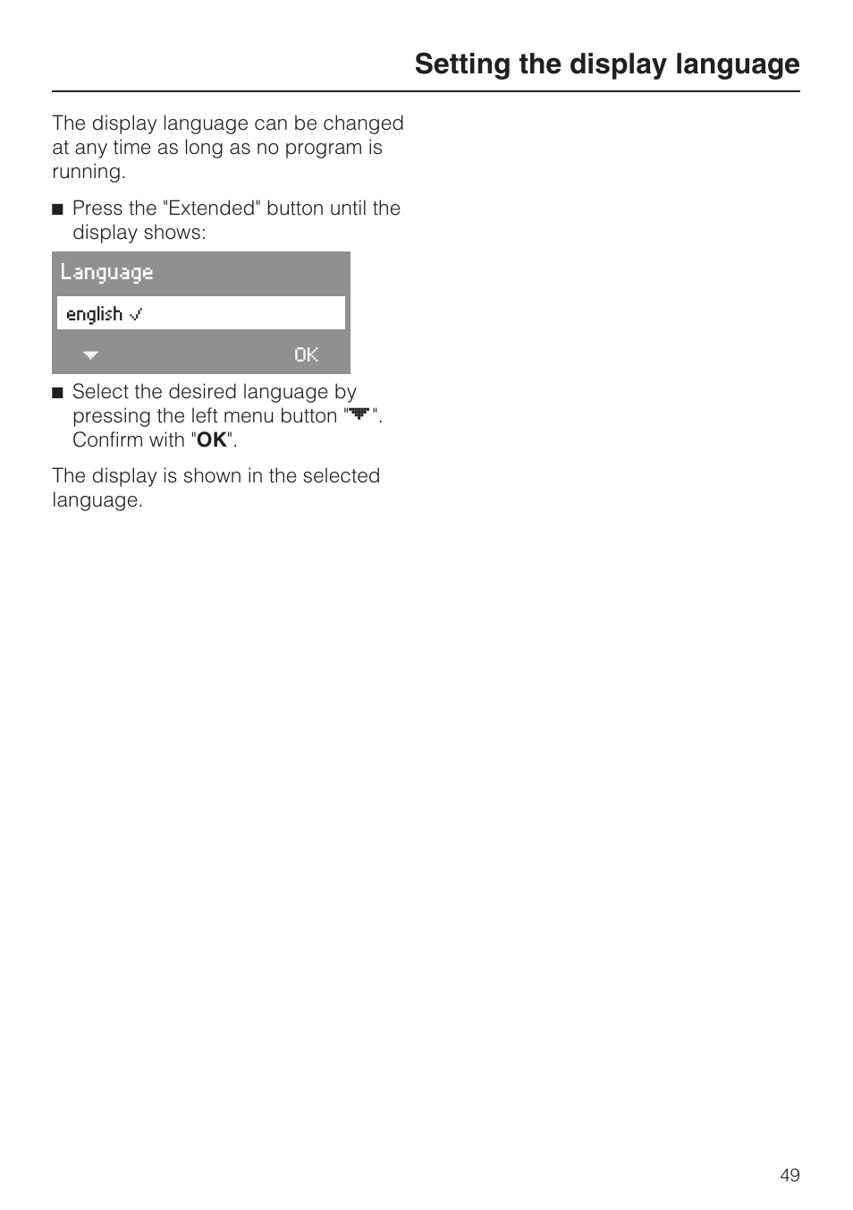 Setting the display language 49, Setting the display language | Miele W 4840 User Manual | Page 53 / 56