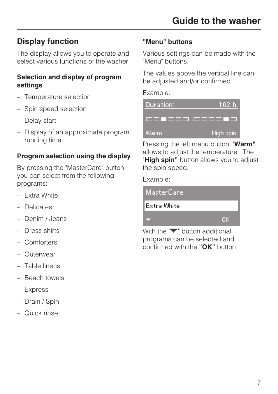 Display function 7, Guide to the washer, Display function | Miele W 4840 User Manual | Page 7 / 56