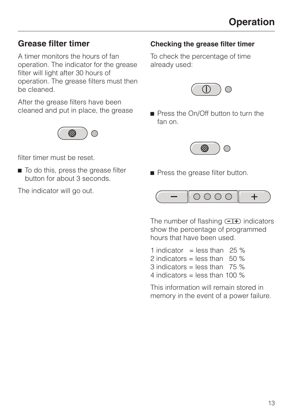 Grease filter timer 13, Checking the grease filter timer 13, Grease filter timer | Checking the grease filter timer, Operation | Miele DA239-3 User Manual | Page 13 / 40