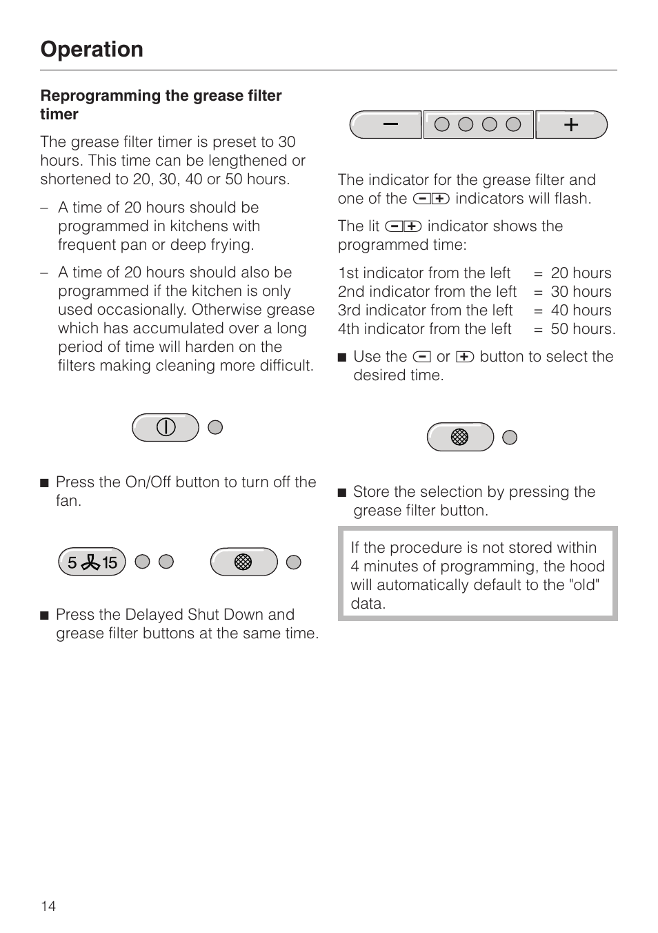 Reprogramming the grease filter timer 14, Reprogramming the grease filter timer, Operation | Miele DA239-3 User Manual | Page 14 / 40