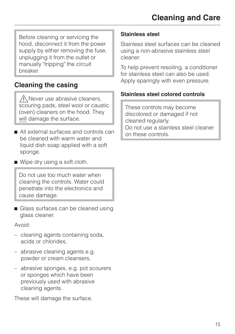 Cleaning and care 15, Cleaning the casing 15, Cleaning and care | Cleaning the casing | Miele DA239-3 User Manual | Page 15 / 40