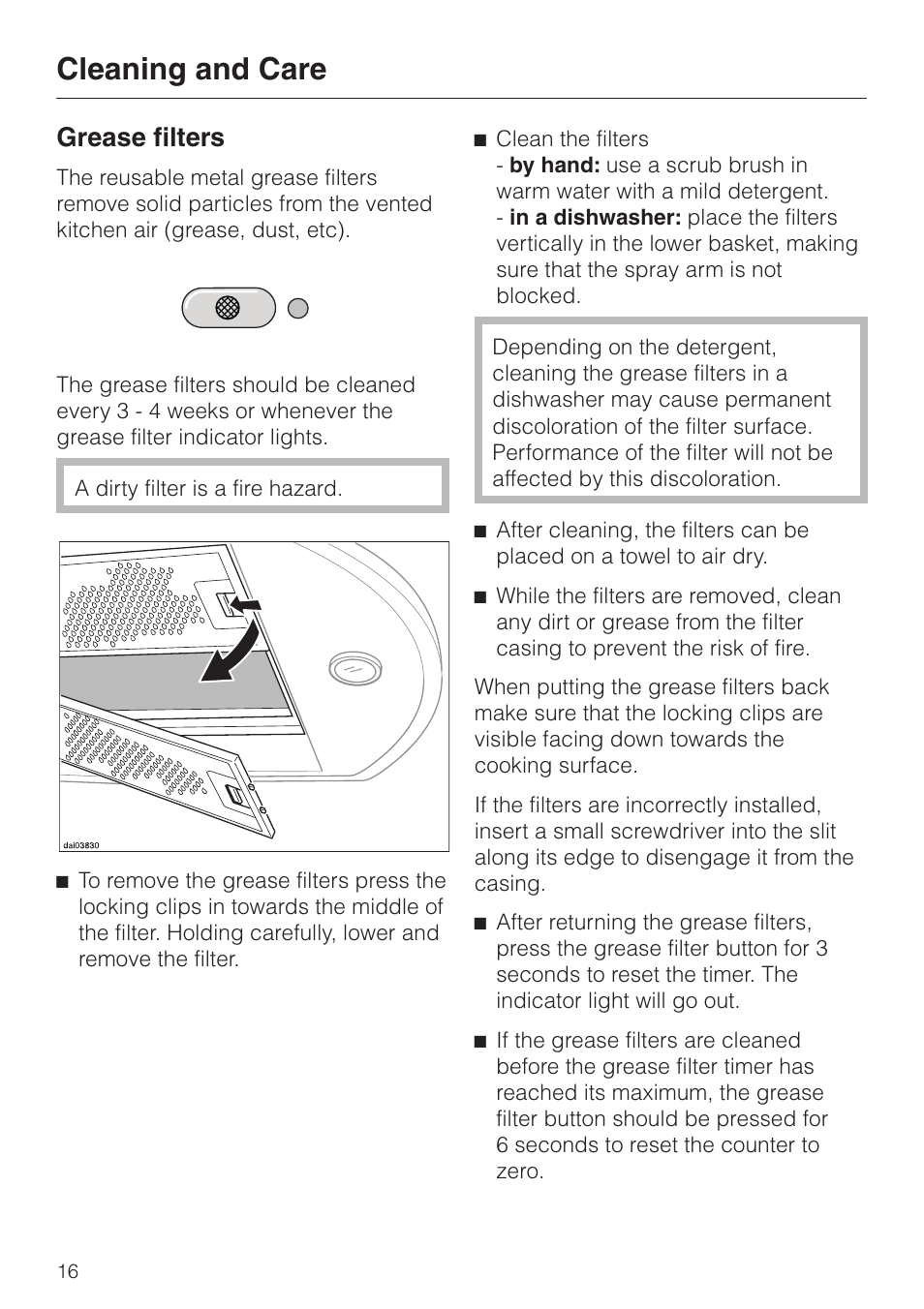 Grease filters 16, Grease filters, Cleaning and care | Miele DA239-3 User Manual | Page 16 / 40