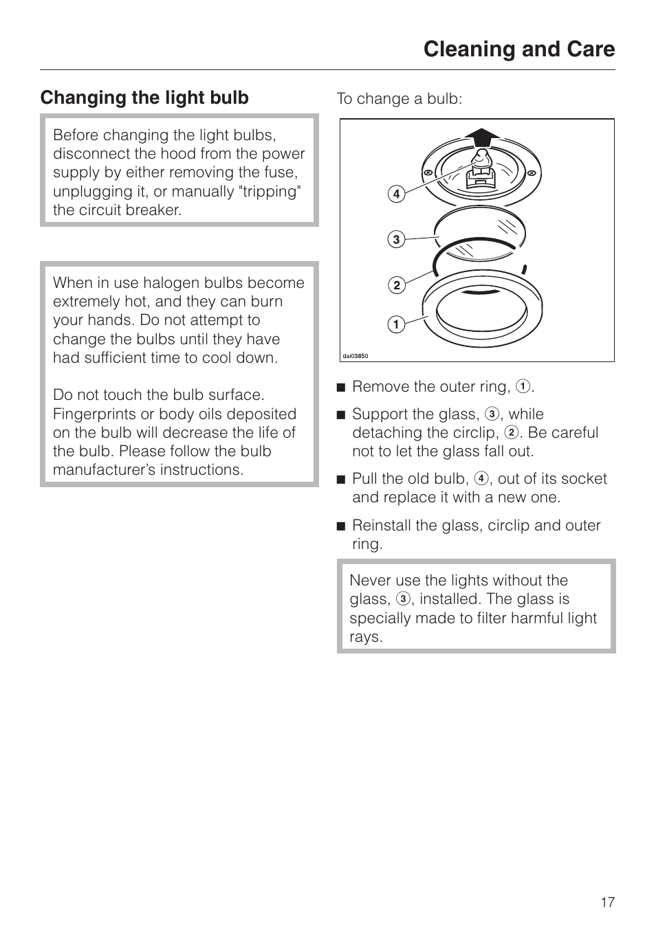 Changing the light bulb 17, Changing the light bulb, Cleaning and care | Miele DA239-3 User Manual | Page 17 / 40