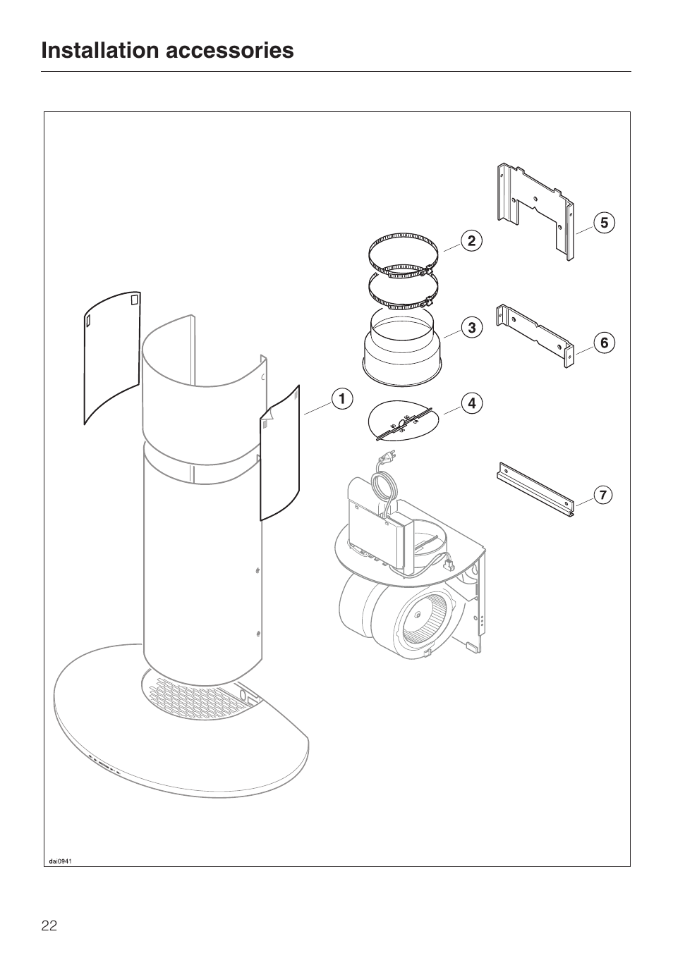 Installation accessories 22, Installation accessories | Miele DA239-3 User Manual | Page 22 / 40