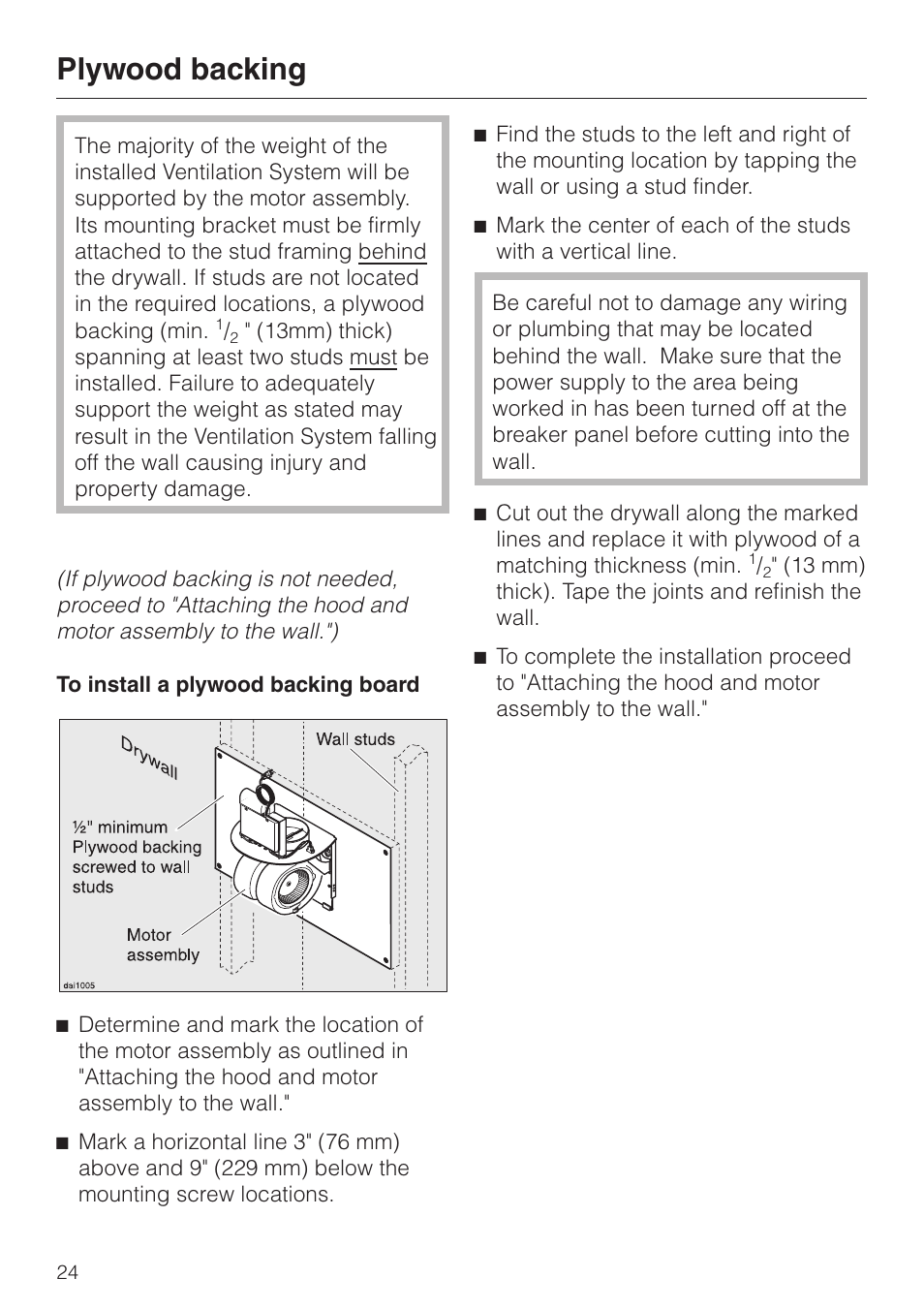 Plywood backing 24, Plywood backing | Miele DA239-3 User Manual | Page 24 / 40