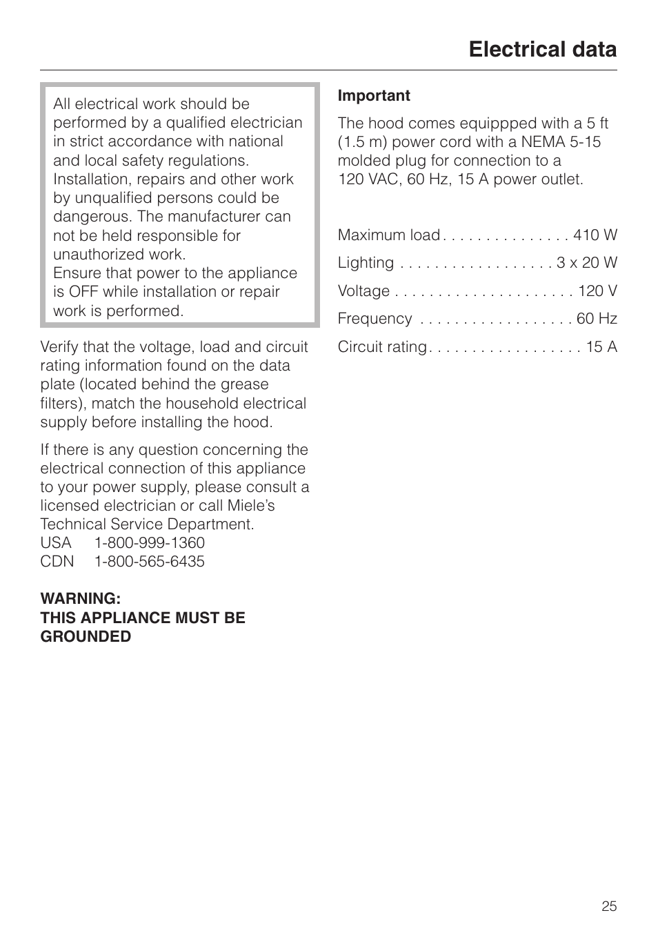 Electrical data 25, Electrical data | Miele DA239-3 User Manual | Page 25 / 40