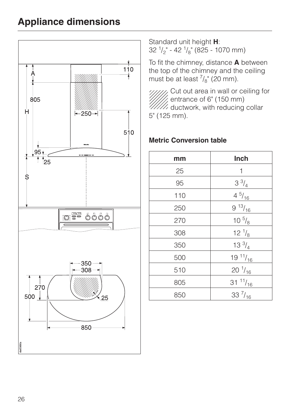 Appliance dimensions 26, Appliance dimensions | Miele DA239-3 User Manual | Page 26 / 40