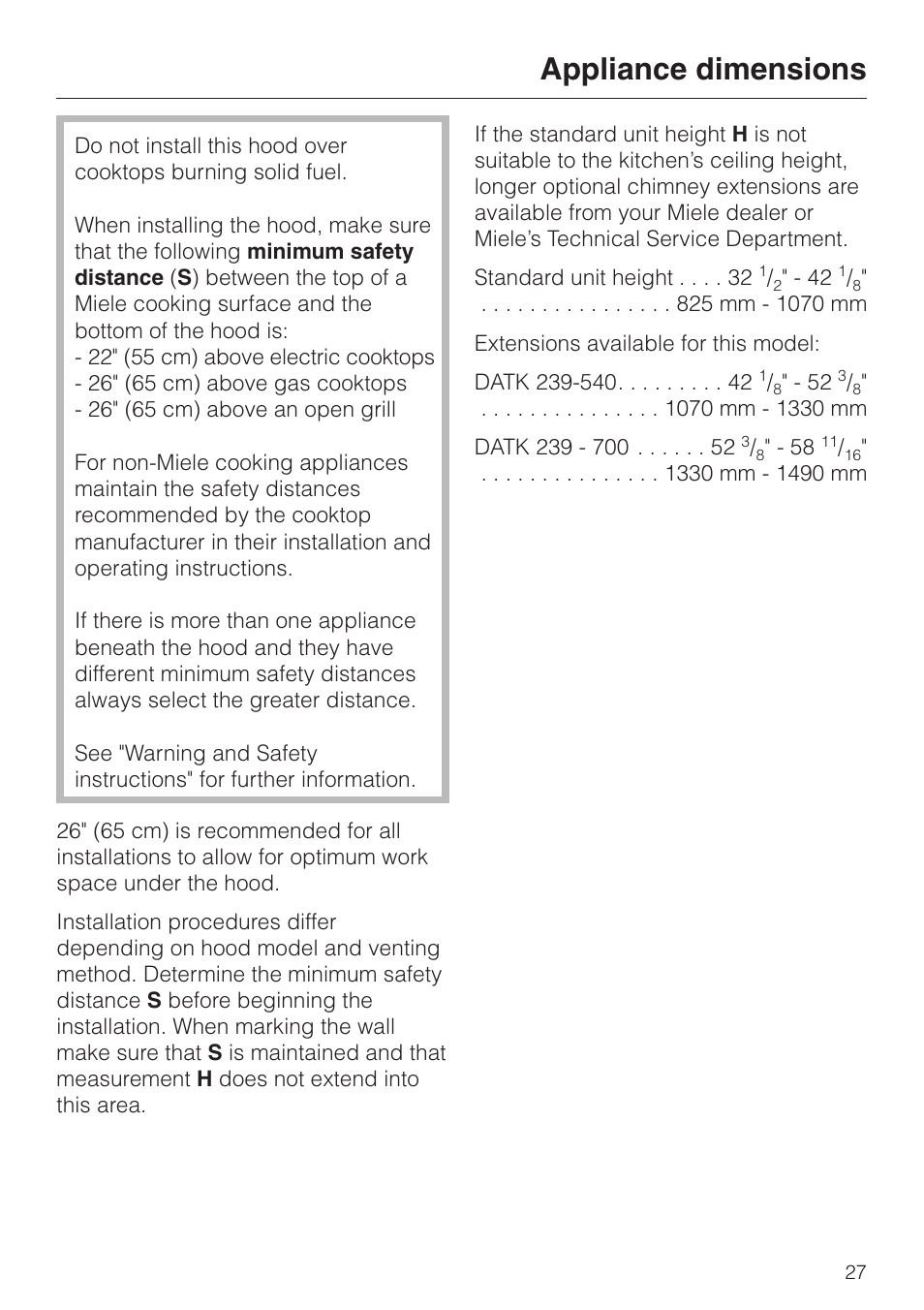 Appliance dimensions | Miele DA239-3 User Manual | Page 27 / 40
