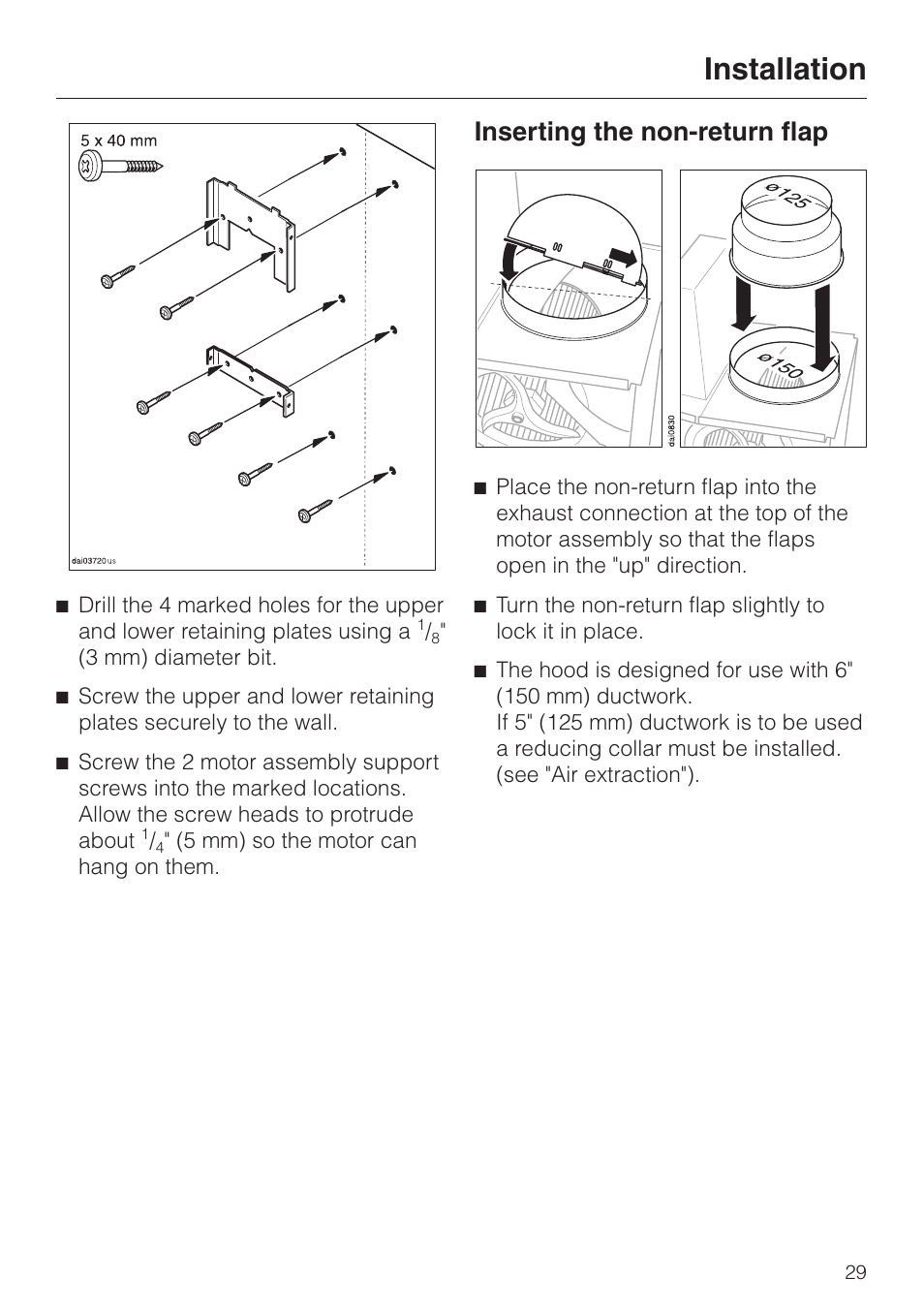 Inserting the non-return flap 29, Inserting the non-return flap, Installation | Miele DA239-3 User Manual | Page 29 / 40