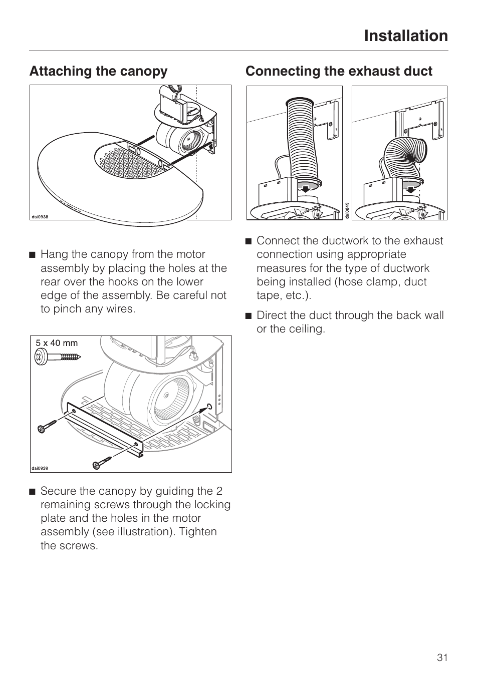 Attaching the canopy 31, Attaching the canopy, Installation | Connecting the exhaust duct | Miele DA239-3 User Manual | Page 31 / 40