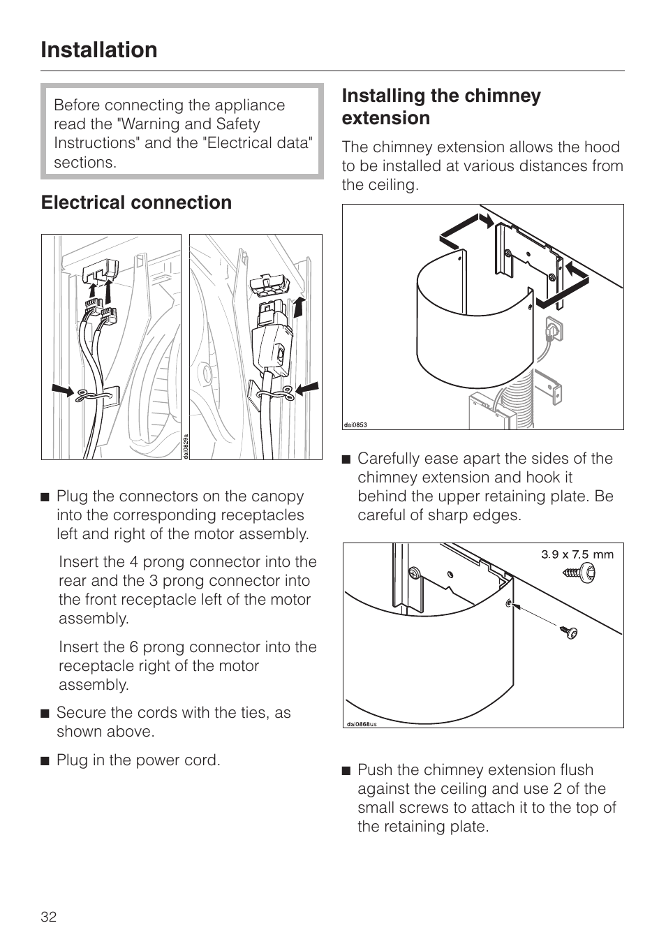 Electrical connection 32, Installing the chimney extension 32, Installation | Electrical connection, Installing the chimney extension | Miele DA239-3 User Manual | Page 32 / 40