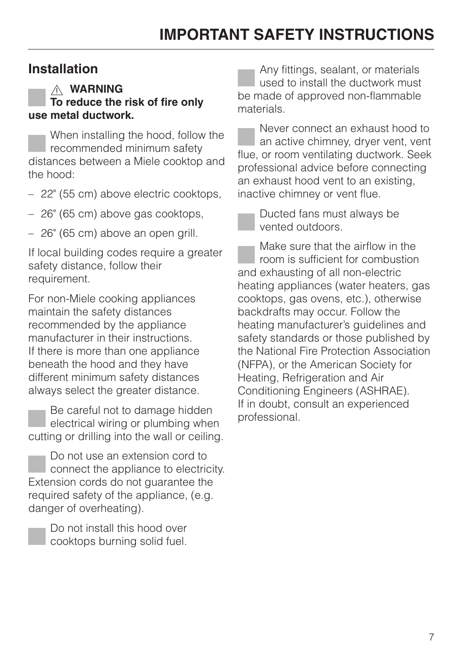 Important safety instructions, Installation | Miele DA239-3 User Manual | Page 7 / 40
