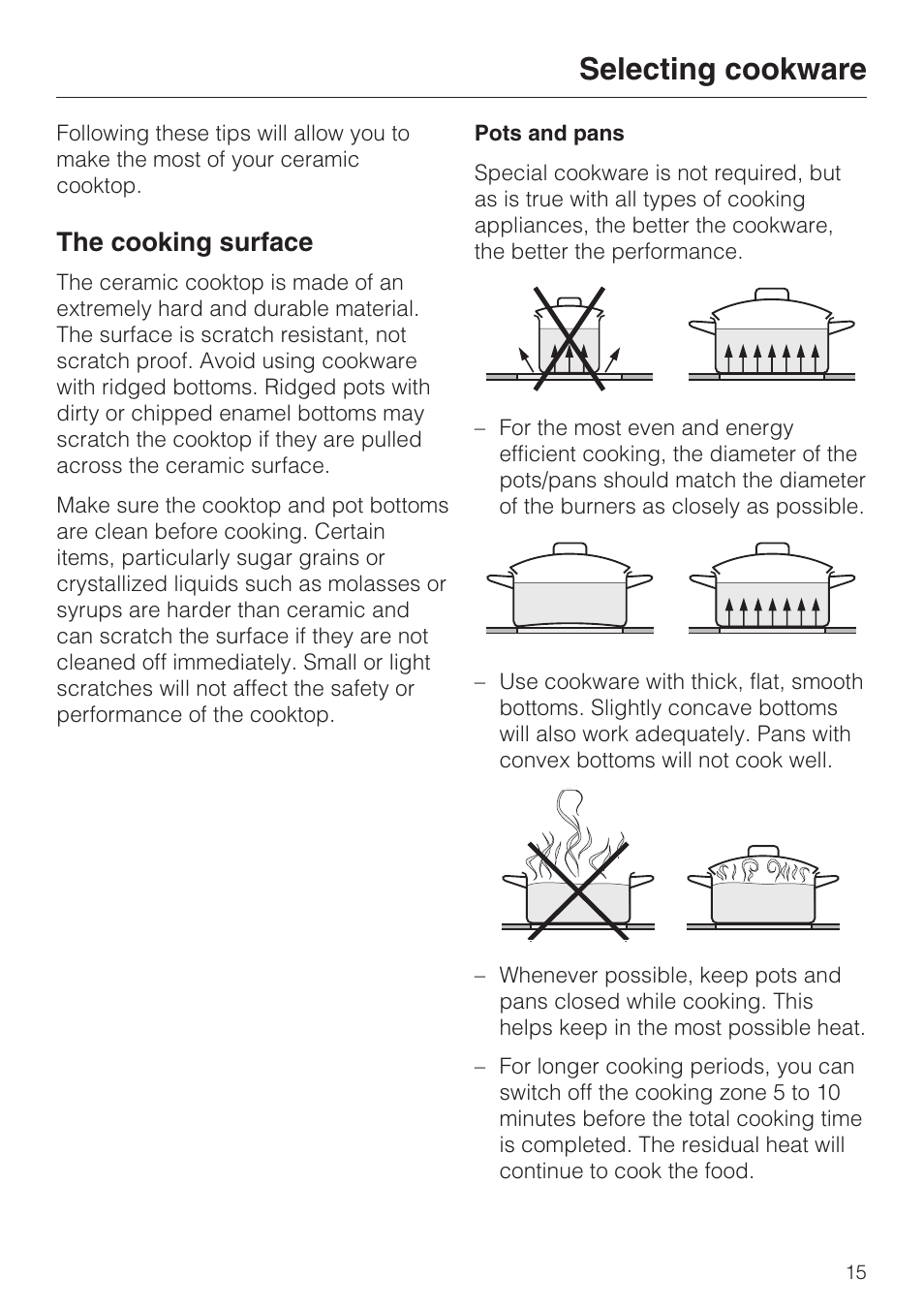 Selecting cookware 15, Selecting cookware, The cooking surface | Miele CS 1122 User Manual | Page 15 / 40