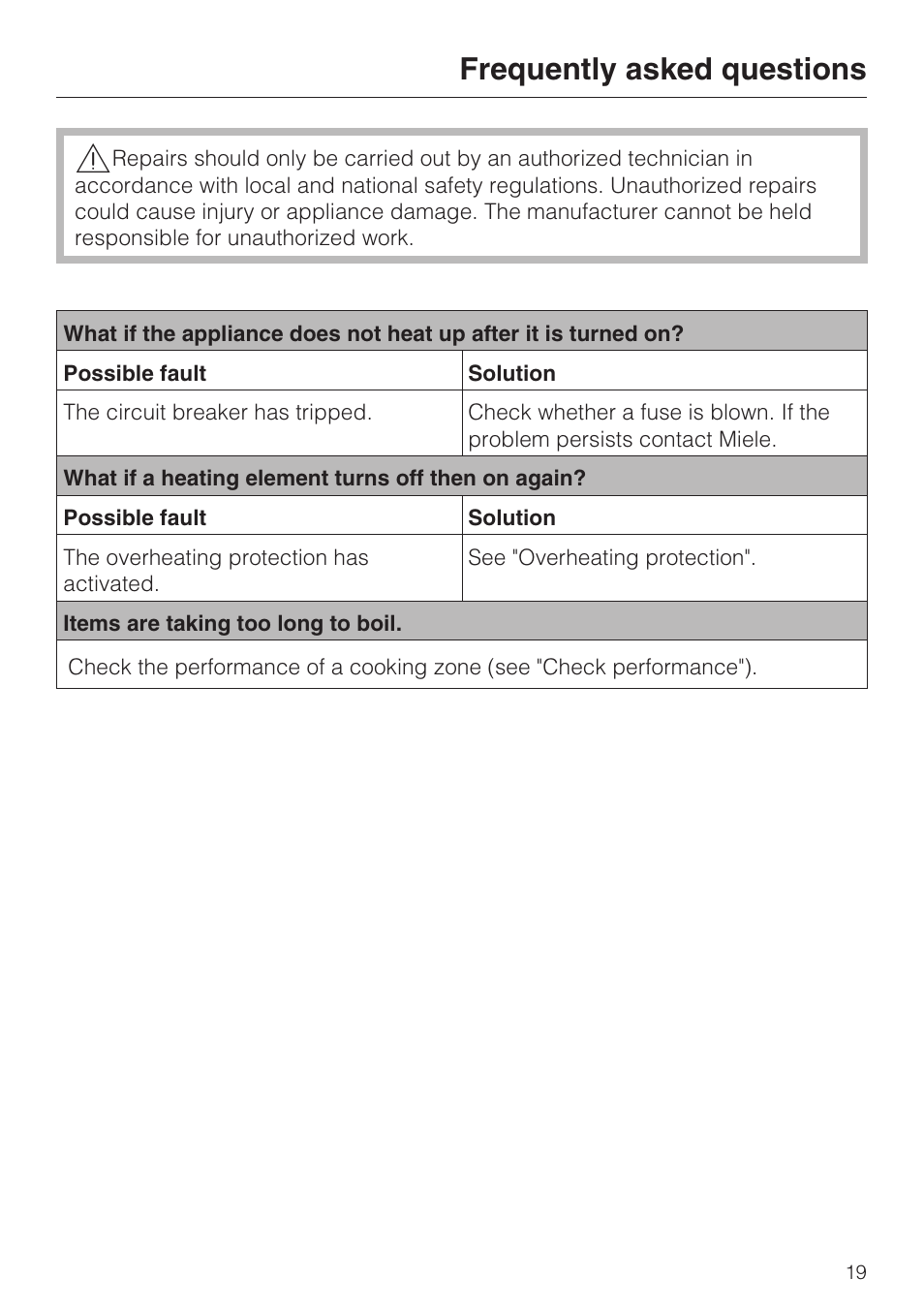 Frequently asked questions 19, Frequently asked questions | Miele CS 1122 User Manual | Page 19 / 40