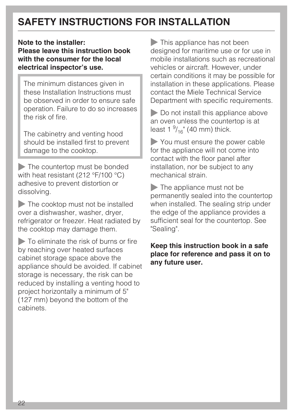 Safety instructions for installation 22, Safety instructions for installation | Miele CS 1122 User Manual | Page 22 / 40