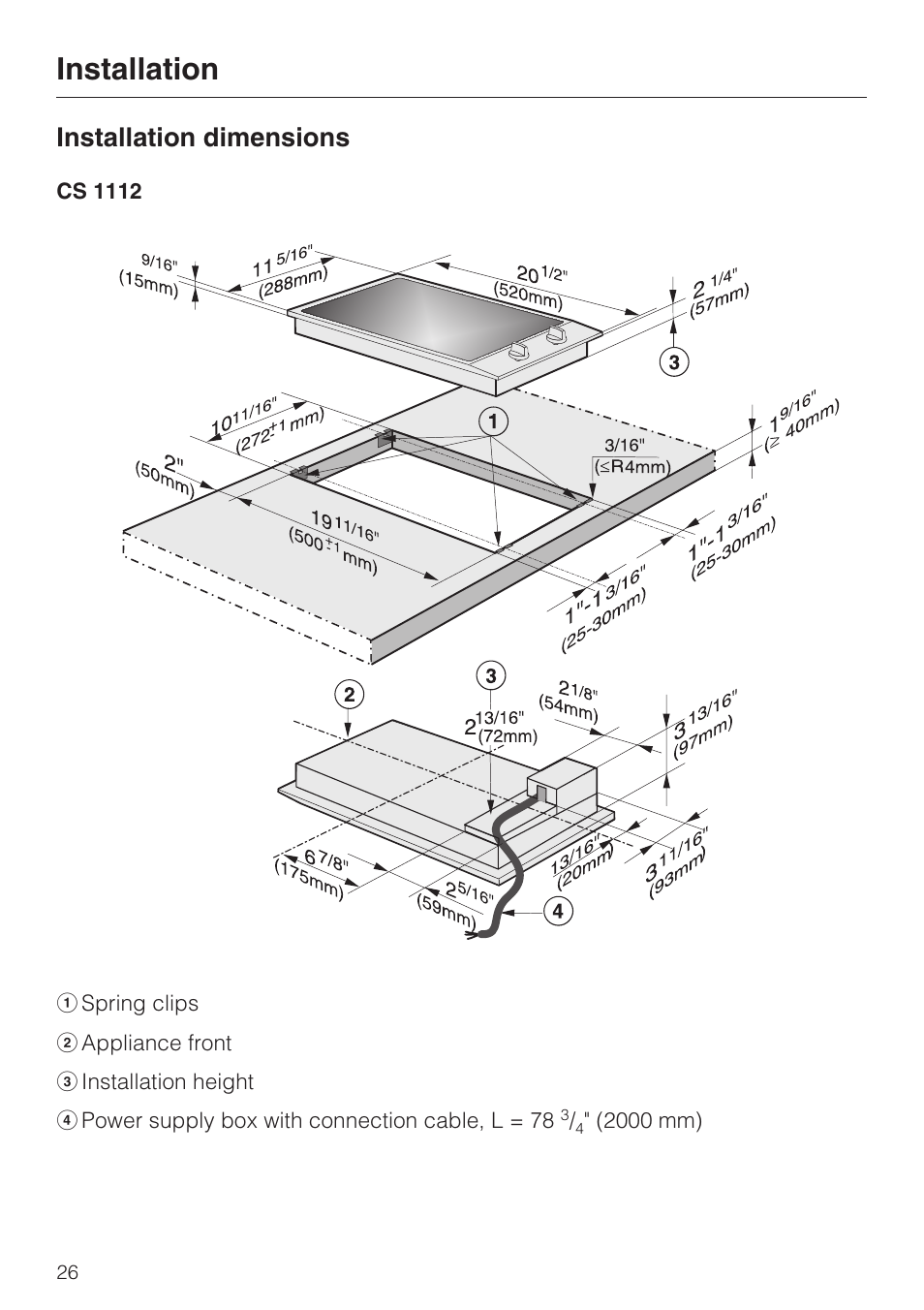 Installation dimensions 26, Cs 1112 26, Installation | Installation dimensions | Miele CS 1122 User Manual | Page 26 / 40