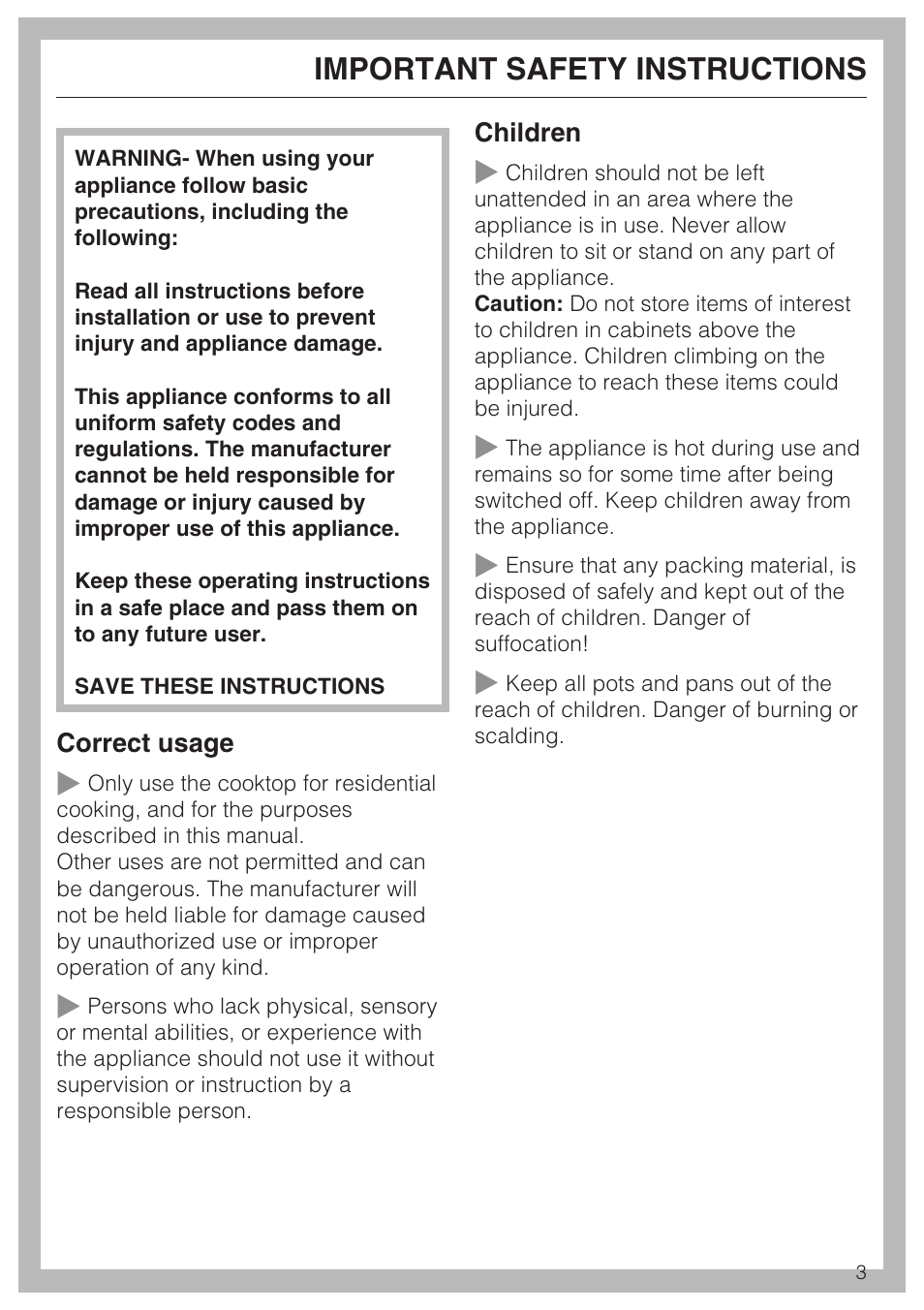 Important safety instructions 3, Important safety instructions | Miele CS 1122 User Manual | Page 3 / 40