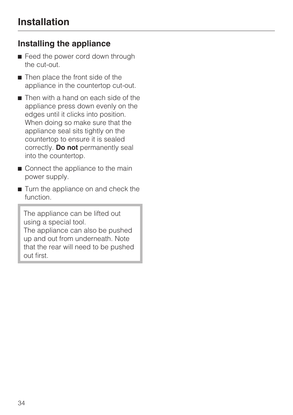 Installing the appliance 34, Installation, Installing the appliance | Miele CS 1122 User Manual | Page 34 / 40