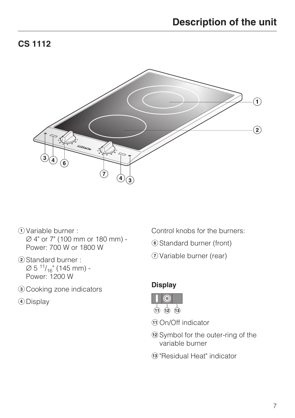 Description of the unit 7, Cs 1112 7, Description of the unit | Cs 1112 | Miele CS 1122 User Manual | Page 7 / 40