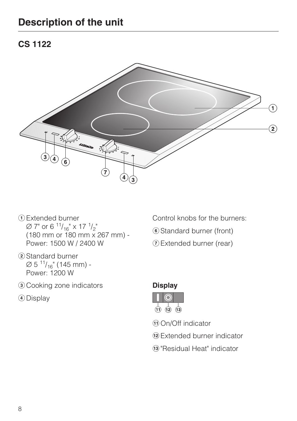 Cs 1122 8, Description of the unit, Cs 1122 | Miele CS 1122 User Manual | Page 8 / 40