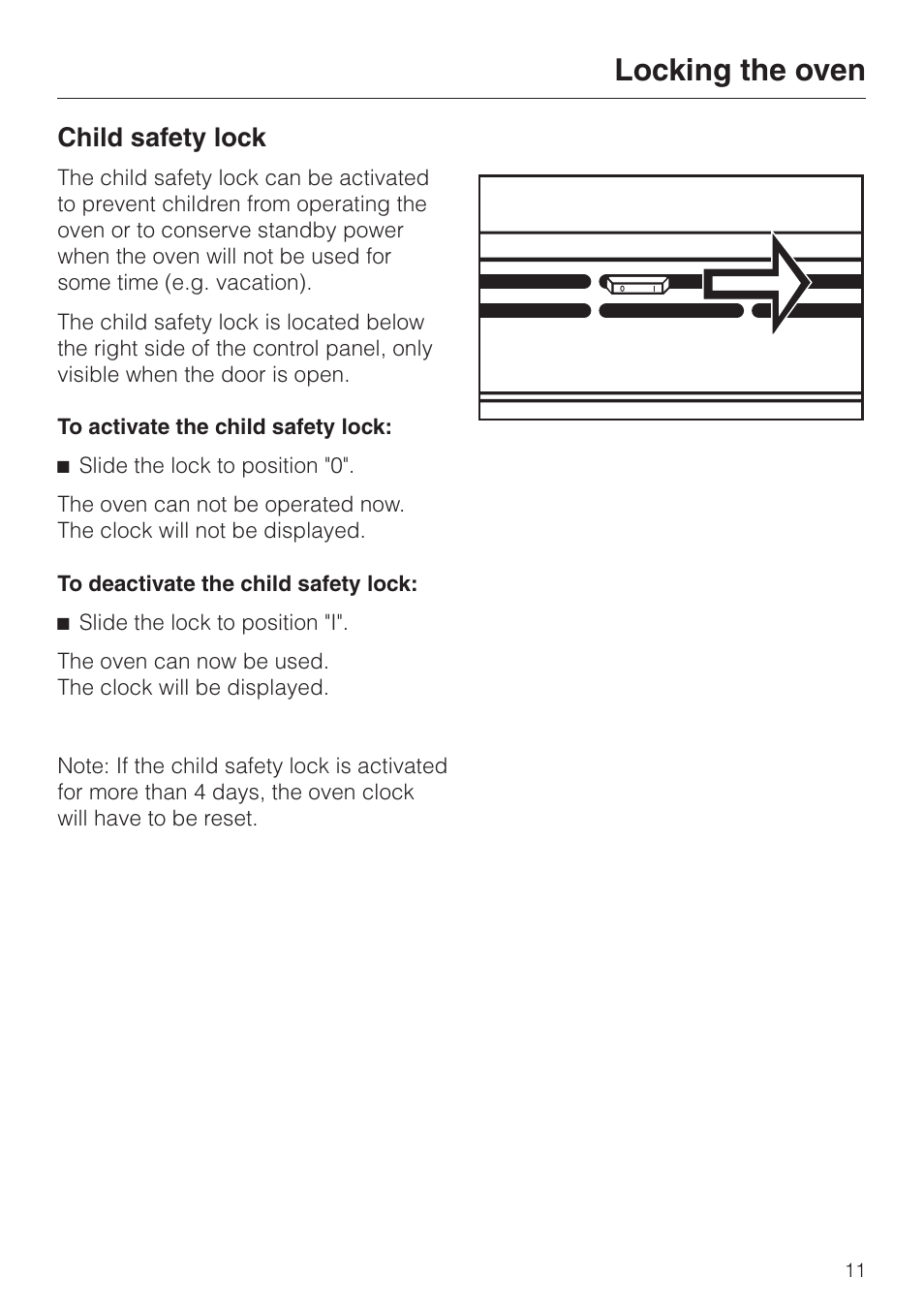 Locking the oven 11, Locking the oven, Child safety lock | Miele H 394 User Manual | Page 11 / 68