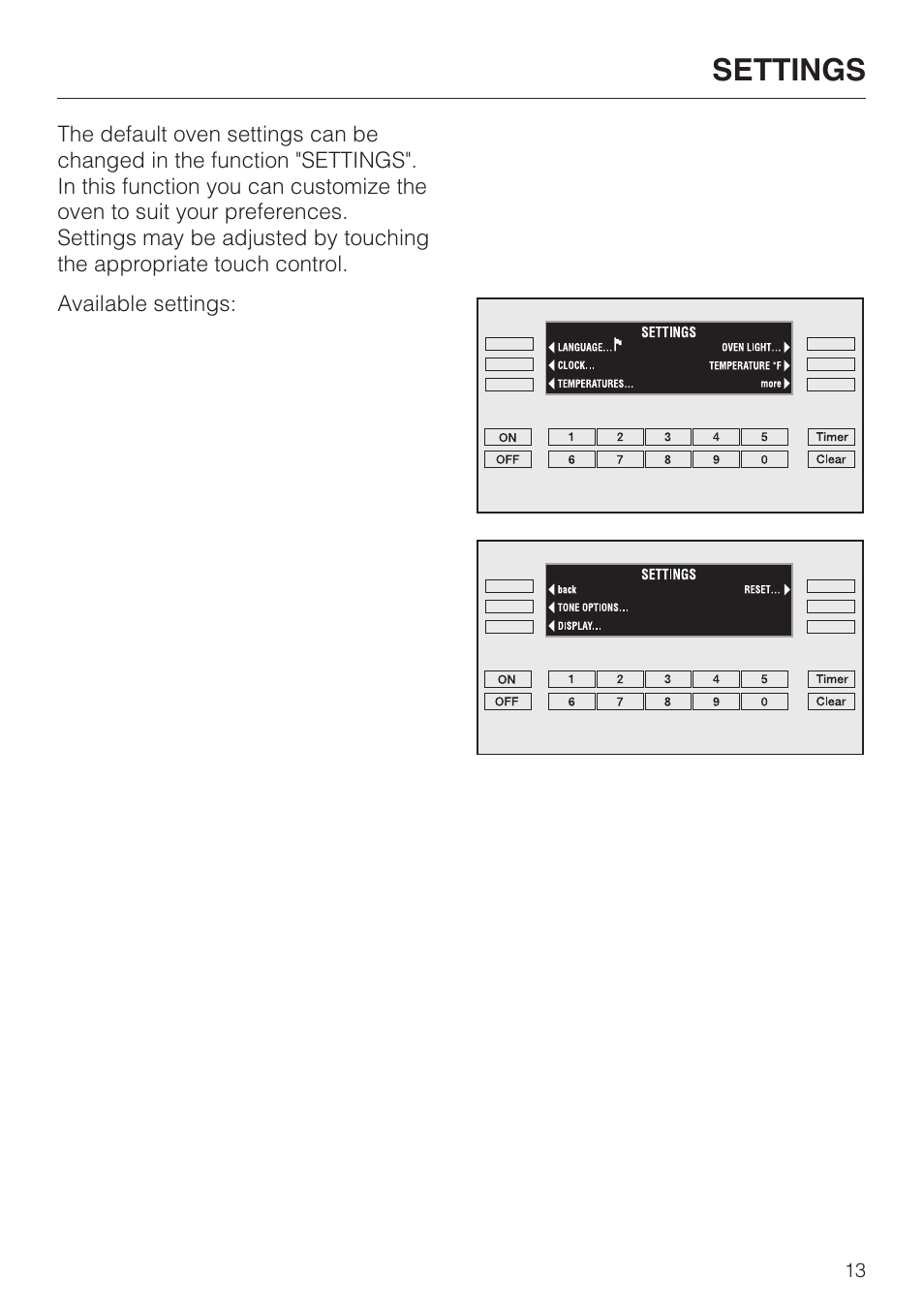 Settings 13, Settings | Miele H 394 User Manual | Page 13 / 68