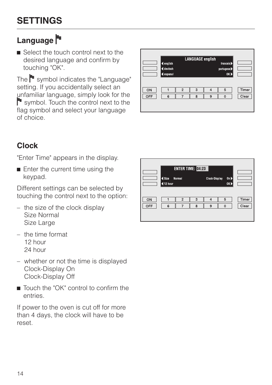 Language f 14, Clock 14, Language | Clock, Settings, Language f | Miele H 394 User Manual | Page 14 / 68