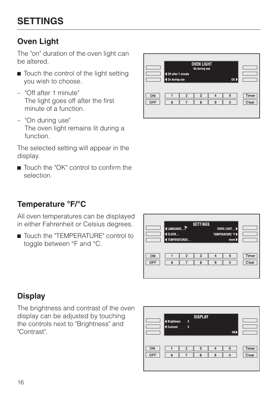 Oven light 16, Temperature °f/°c 16, Display 16 | Oven light temperature °f/°c display, Settings, Oven light, Temperature °f/°c, Display | Miele H 394 User Manual | Page 16 / 68