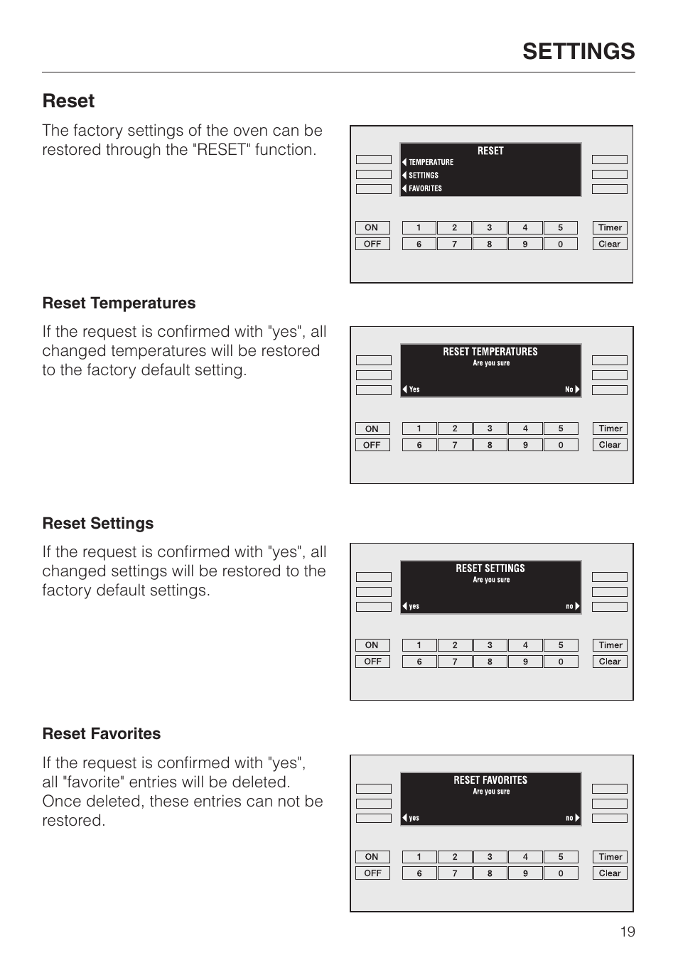 Reset 19, Reset, Settings | Miele H 394 User Manual | Page 19 / 68