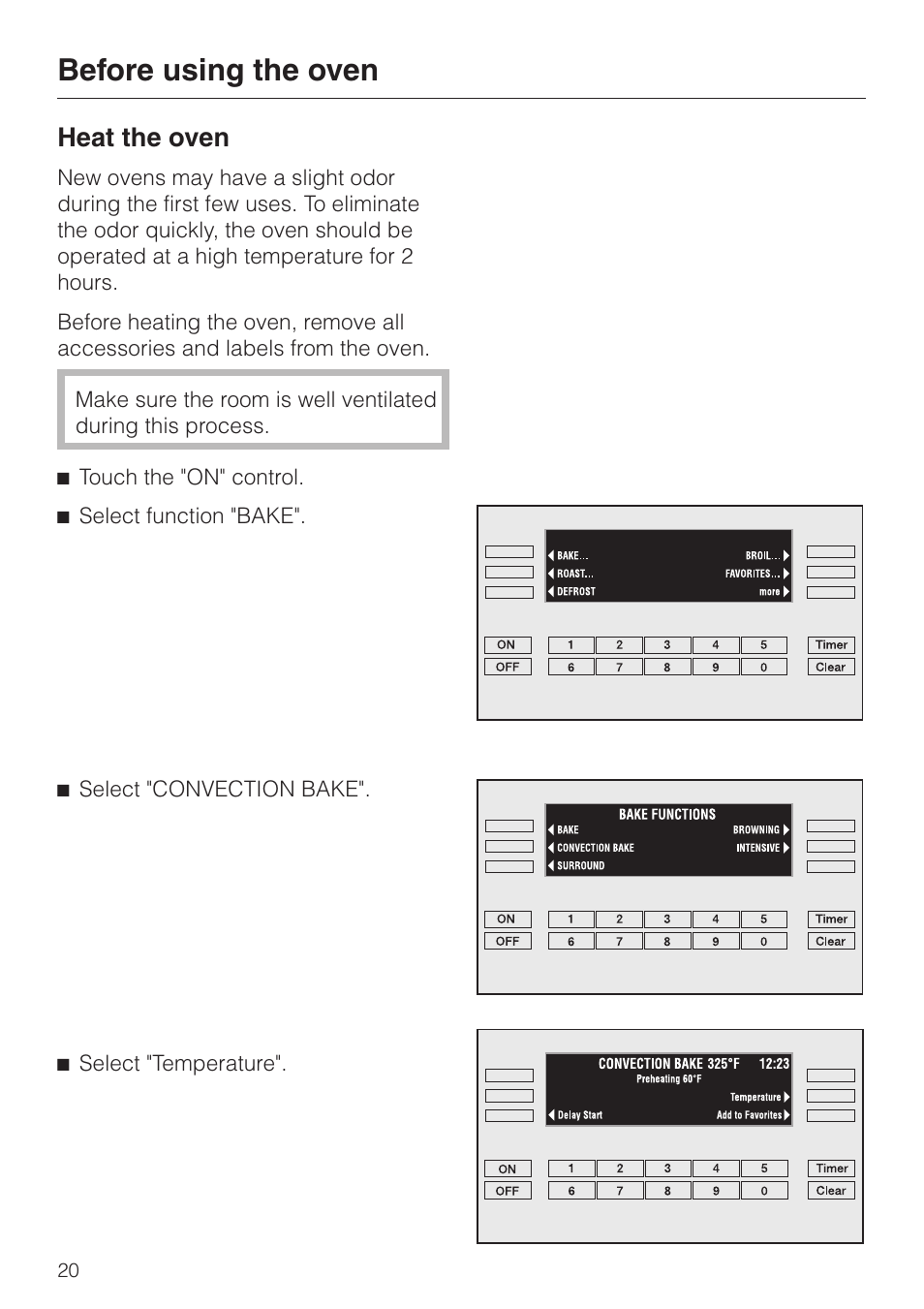 Before using the oven 20, Before using the oven, Heat the oven | Miele H 394 User Manual | Page 20 / 68