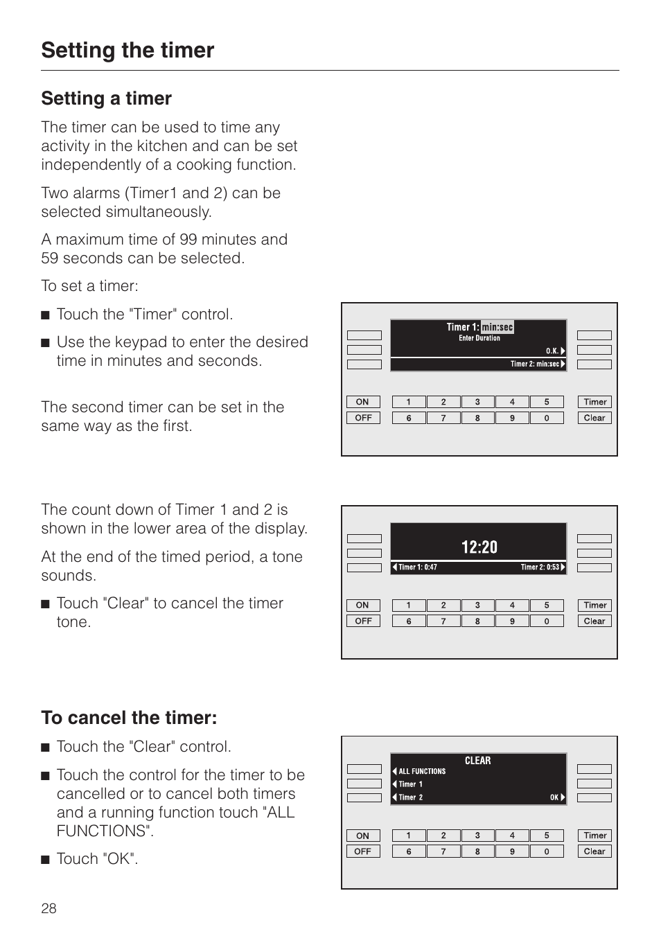 Setting the timer 28, Setting the timer, Setting a timer | Miele H 394 User Manual | Page 28 / 68