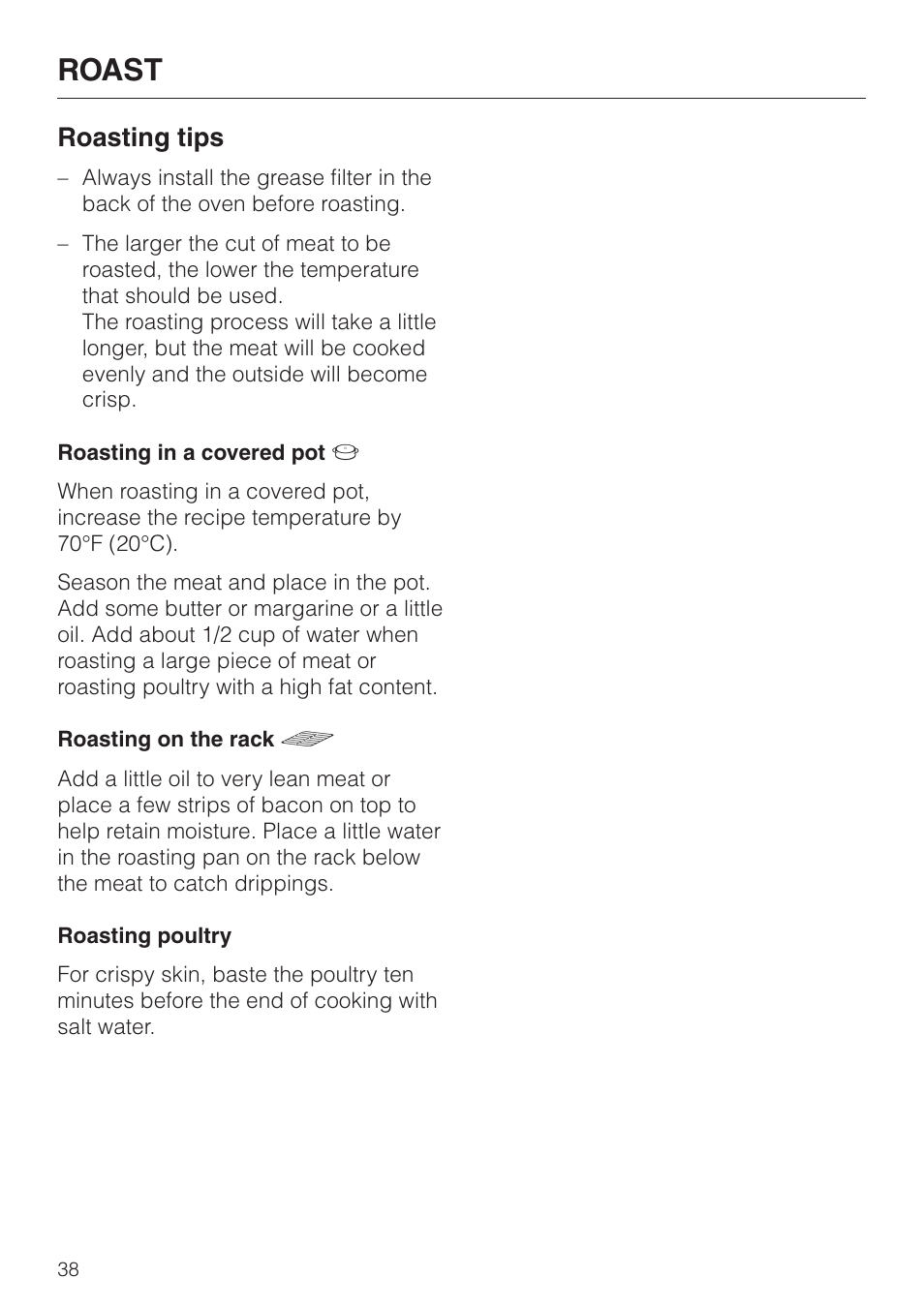 Roasting tips 38, Roasting tips, Roast | Miele H 394 User Manual | Page 38 / 68