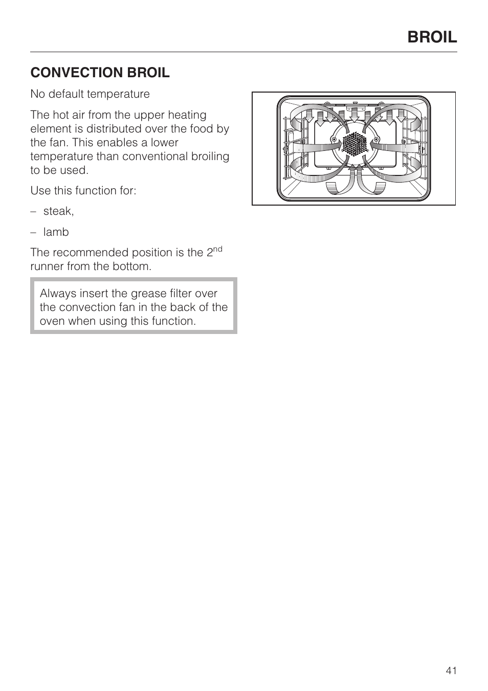 Broil, Convection broil | Miele H 394 User Manual | Page 41 / 68