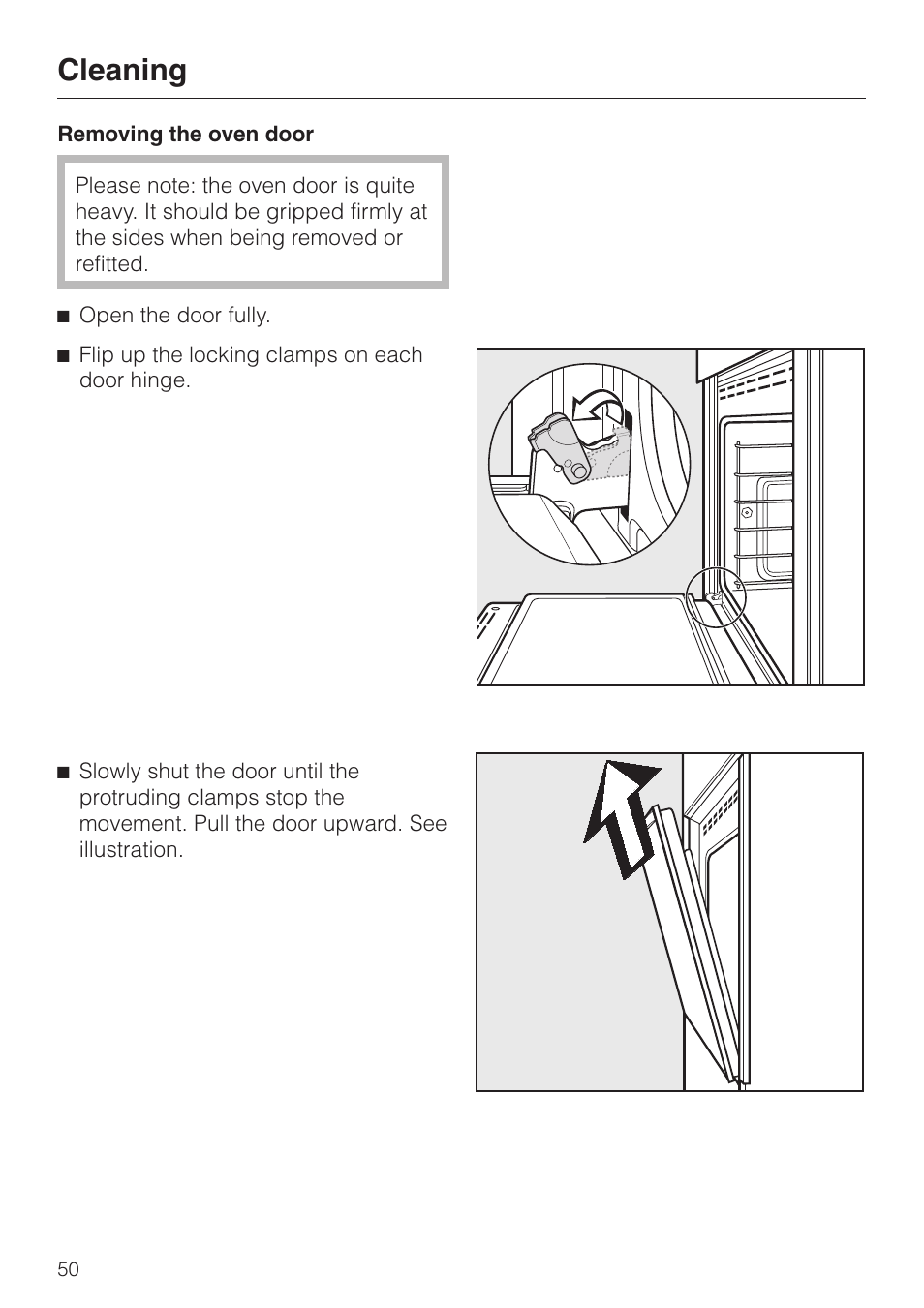 Removing the oven door 50, Removing the oven door, Cleaning | Miele H 394 User Manual | Page 50 / 68