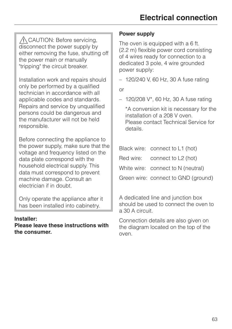 Electrical connection 63, Electrical connection | Miele H 394 User Manual | Page 63 / 68