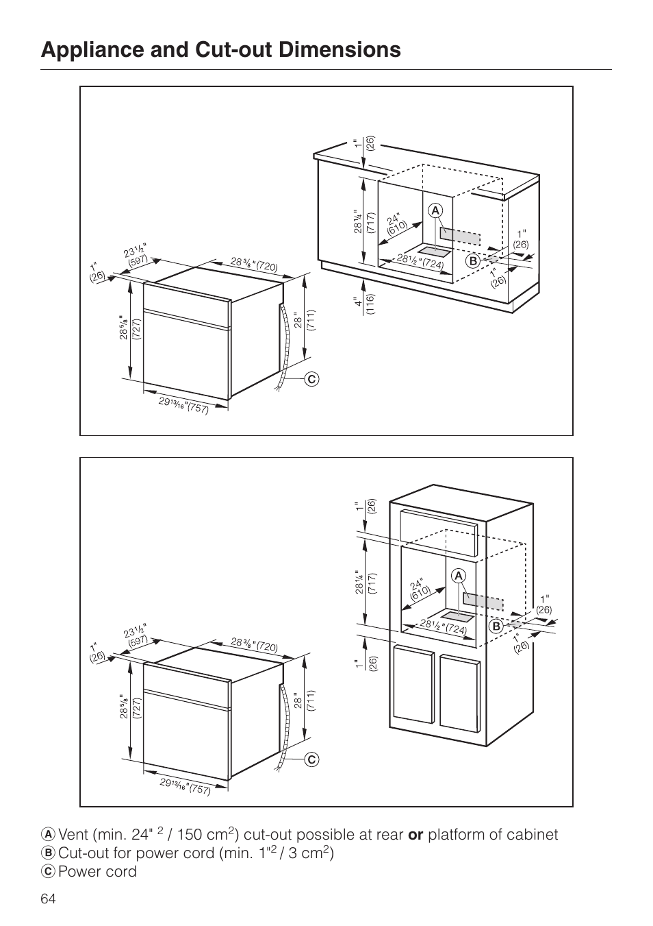 Appliance and cut-out dimensions 64, Appliance and cut-out dimensions | Miele H 394 User Manual | Page 64 / 68