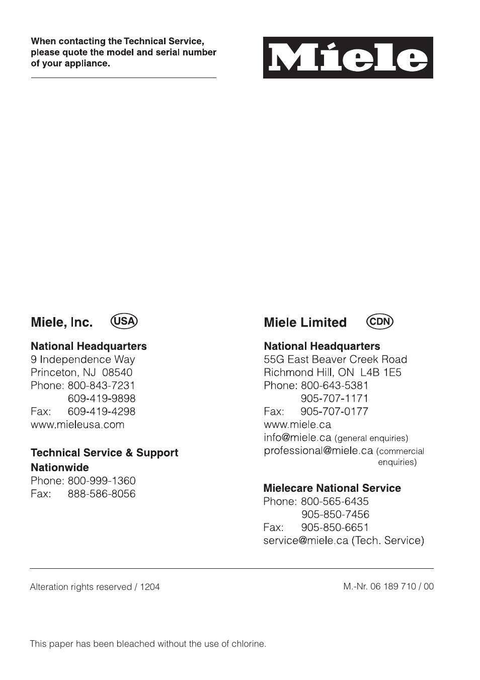 Miele H 394 User Manual | Page 68 / 68