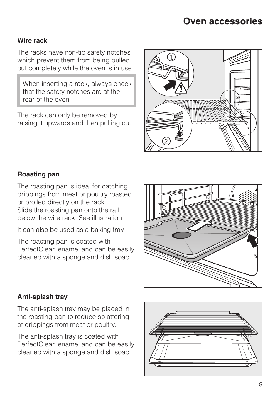 Oven accessories 9, Wire rack 9, Roasting pan 9 | Anti-splash tray 9, Oven accessories, Wire rack roasting pan anti-splash tray | Miele H 394 User Manual | Page 9 / 68