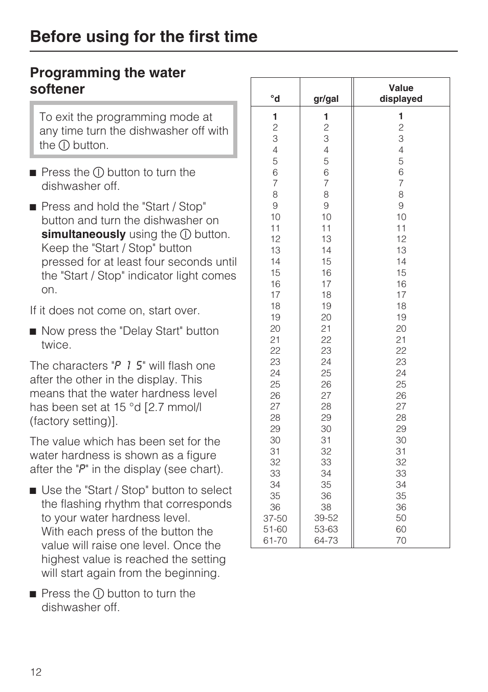 Before using for the first time, Programming the water softener | Miele G 5100 User Manual | Page 12 / 68