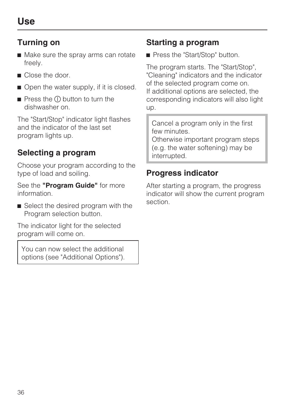 Turning on 36, Selecting a program 36, Starting a program 36 | Progress indicator 36, Turning on, Selecting a program, Starting a program, Progress indicator | Miele G 5100 User Manual | Page 36 / 68