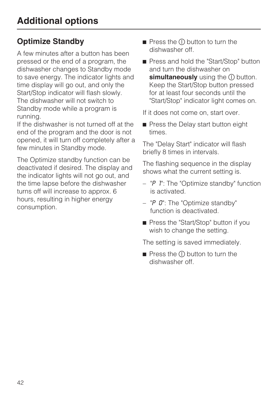 Optimize standby 42, Additional options, Optimize standby | Miele G 5100 User Manual | Page 42 / 68
