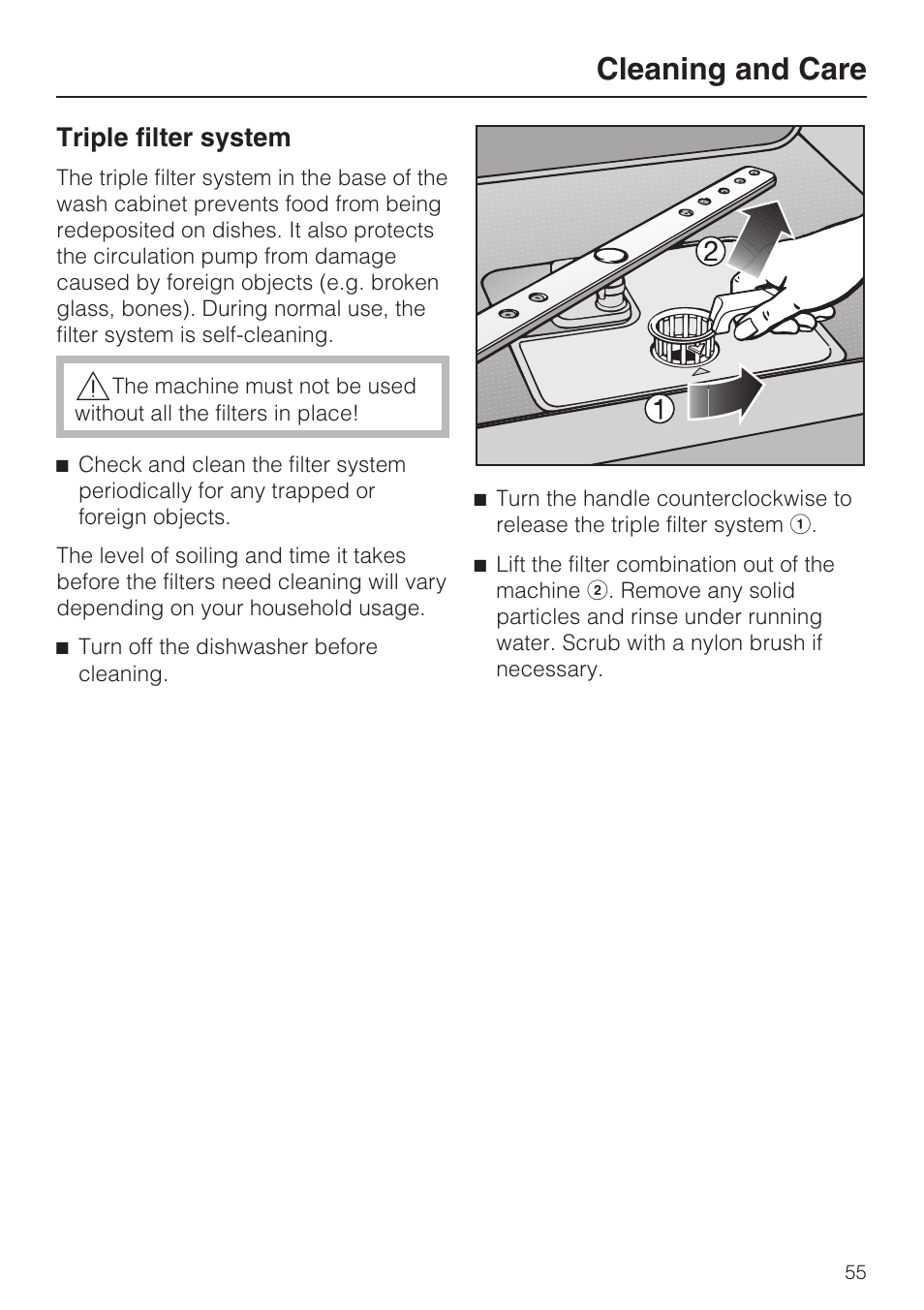 Triple filter system 55, Cleaning and care, Triple filter system | Miele G 5100 User Manual | Page 55 / 68