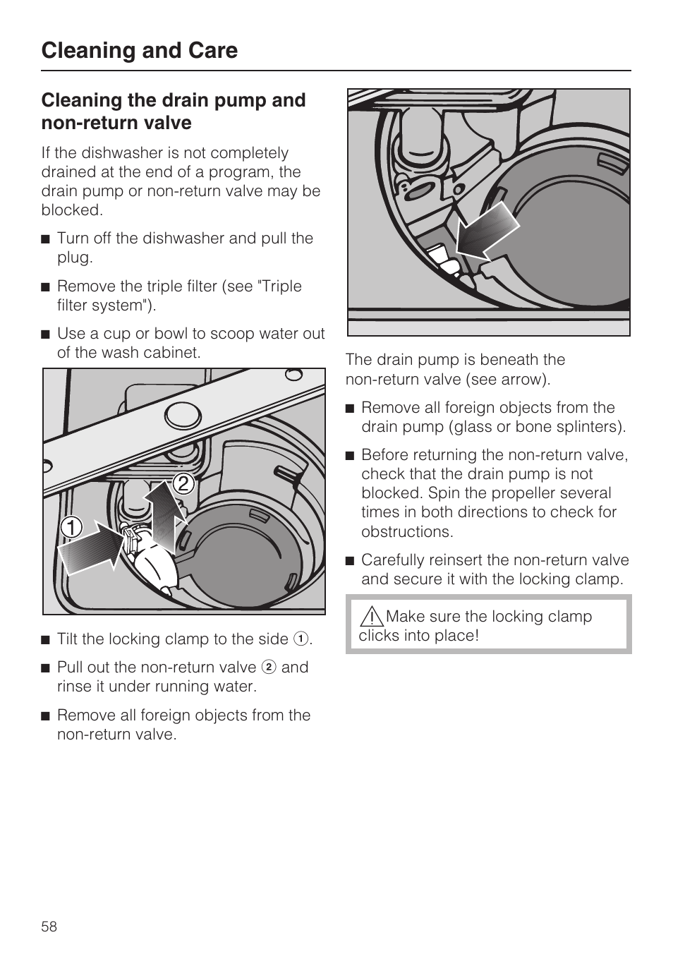 Cleaning the drain pump and non-return valve 58, Cleaning and care, Cleaning the drain pump and non-return valve | Miele G 5100 User Manual | Page 58 / 68