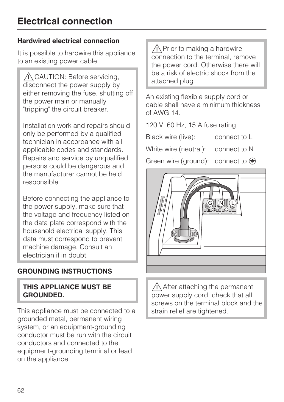 Electrical connection | Miele G 5100 User Manual | Page 62 / 68