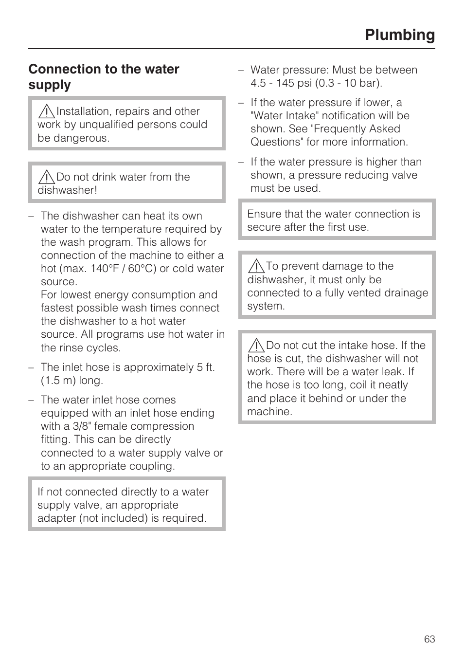 Plumbing 63, Connection to the water supply 63, Plumbing | Miele G 5100 User Manual | Page 63 / 68
