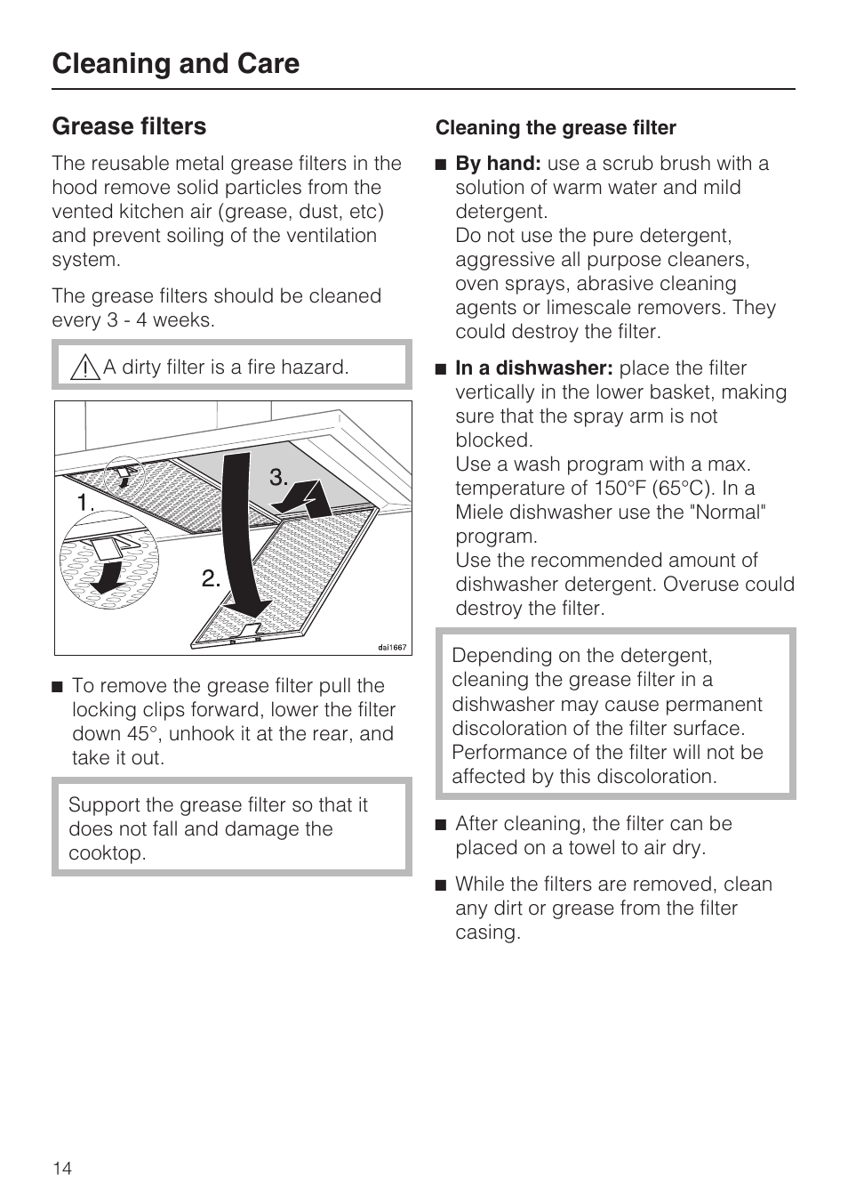 Grease filters 14, Cleaning and care, Grease filters | Miele DA 398-5 User Manual | Page 14 / 36