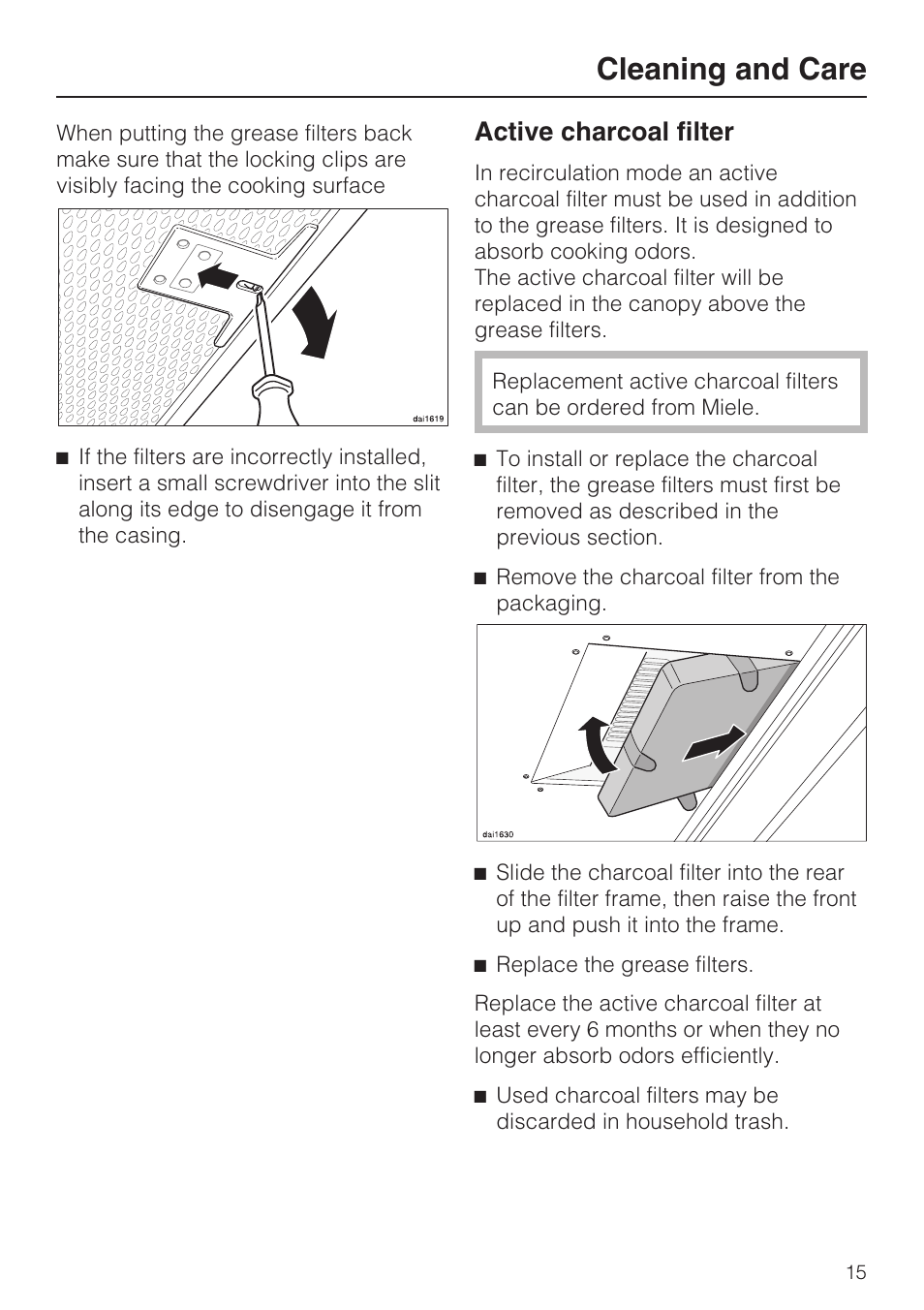 Active charcoal filter 15, Cleaning and care, Active charcoal filter | Miele DA 398-5 User Manual | Page 15 / 36